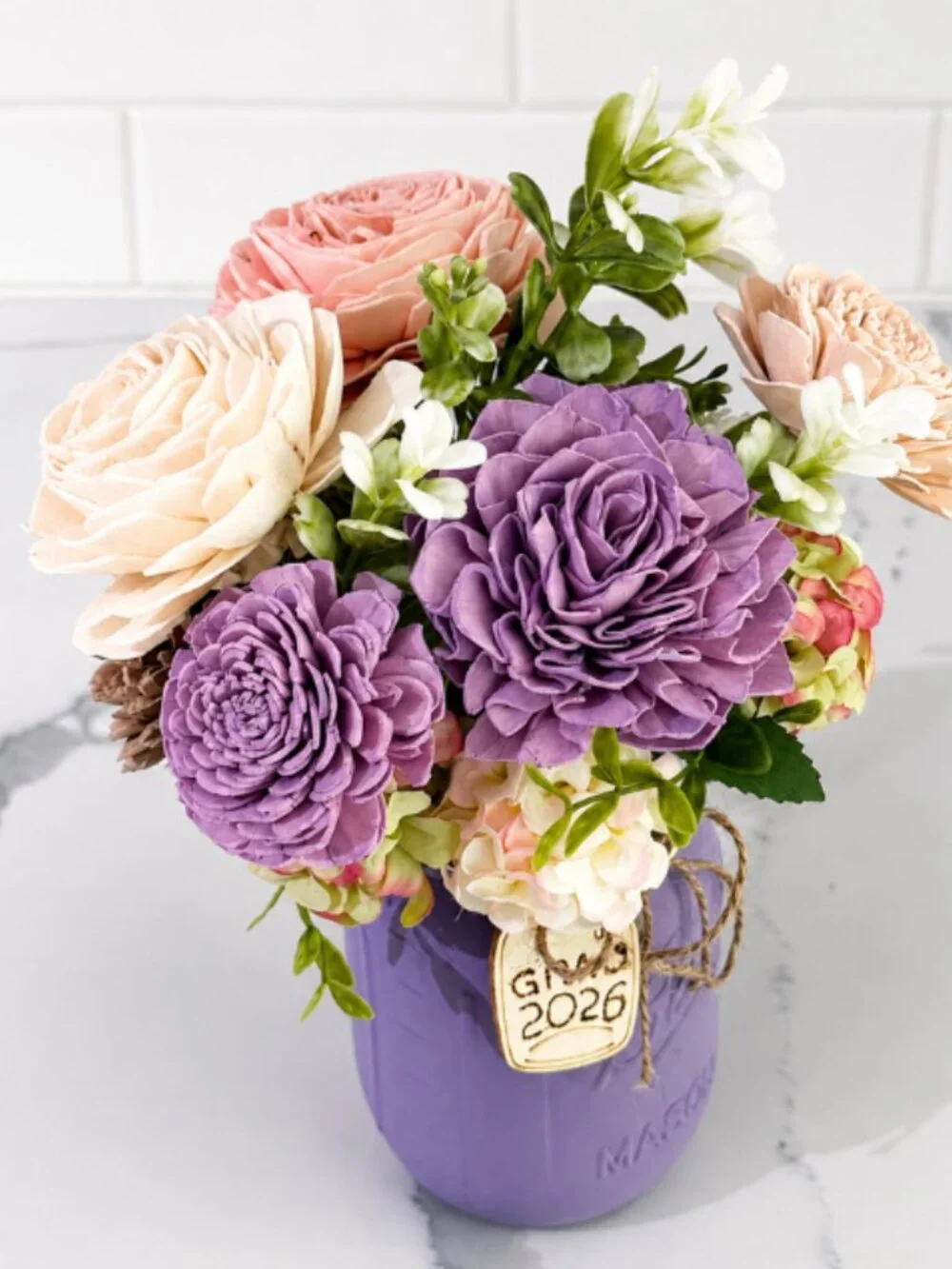 Purple Sola Wood Floral Arrangement in Mason Jar Home Decor Graduation Gift